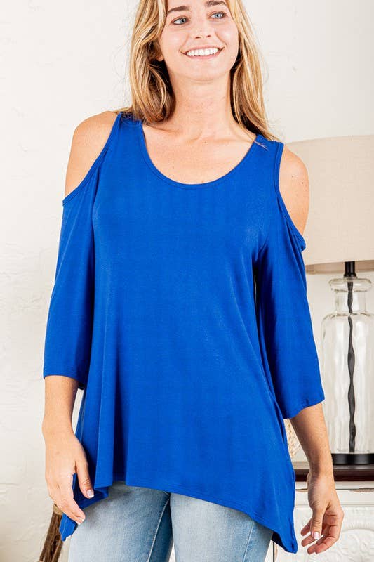 COLD SHOULDER SOLID TOP: ROYAL BLUE