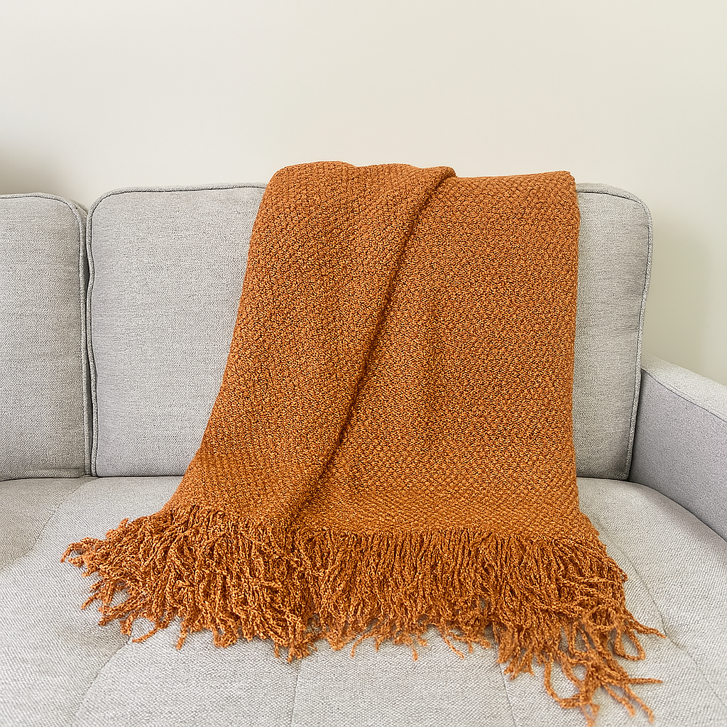 Knit Textured 50"x60" Throw Blanket with Fringe: Terracotta
