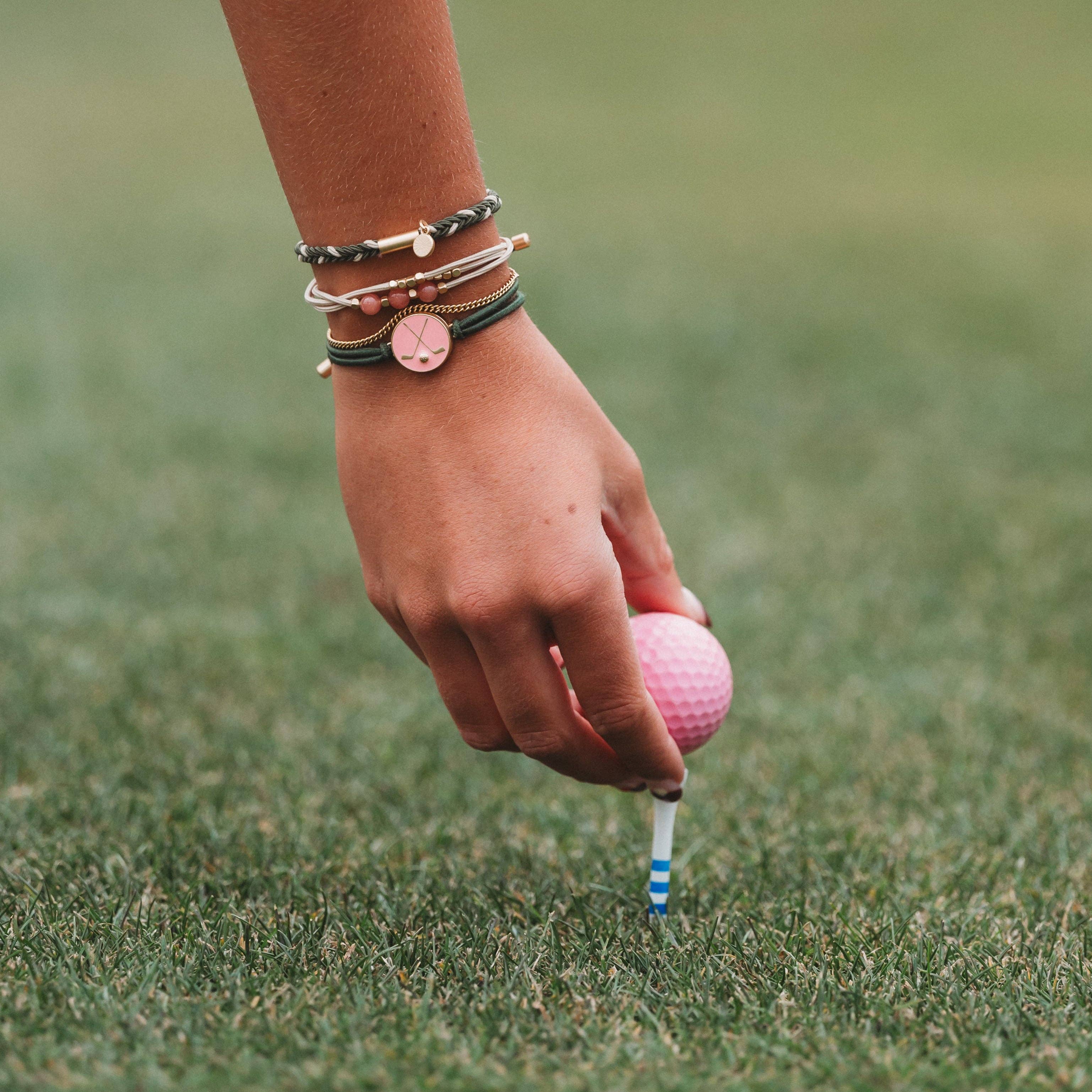 "Tee Time" Green and Pink Hair Tie Bracelets with Removable Ball Marker: Large