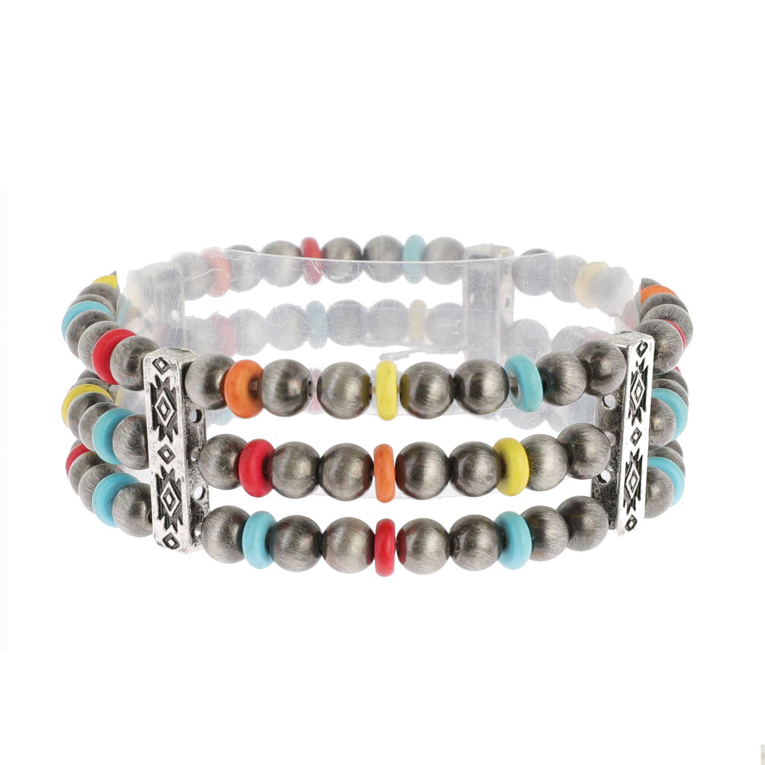 Sophia Collection - 3 Layer Navajo Pearl Mix Beaded Western Bracelet: Multicolor