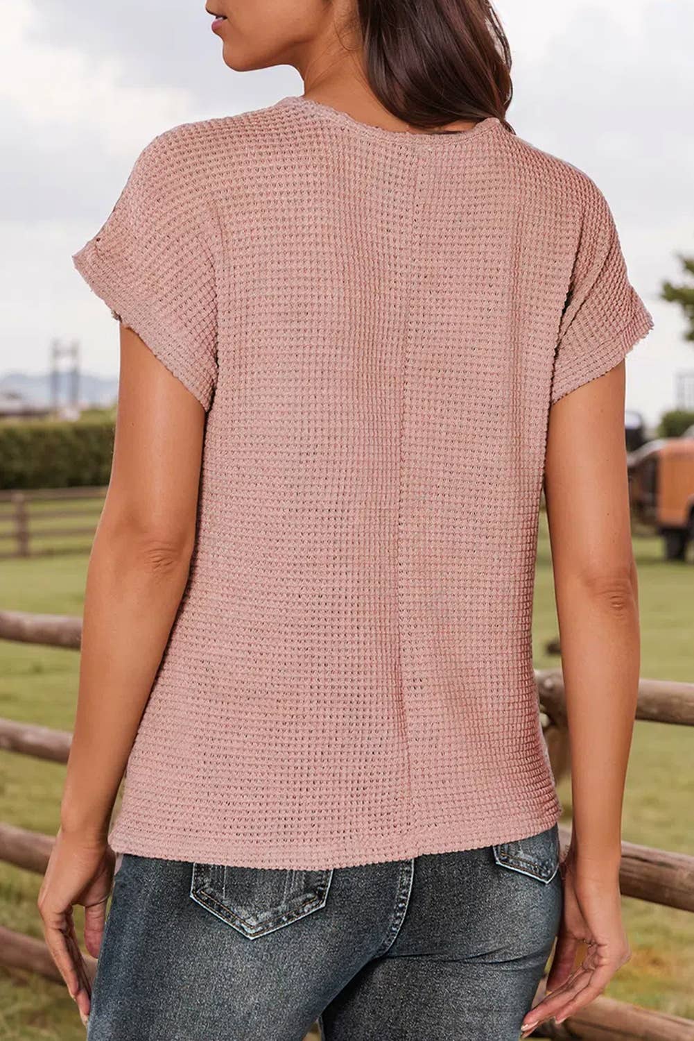 Lace Patchwork Waffle Short Sleeve Top: Pink