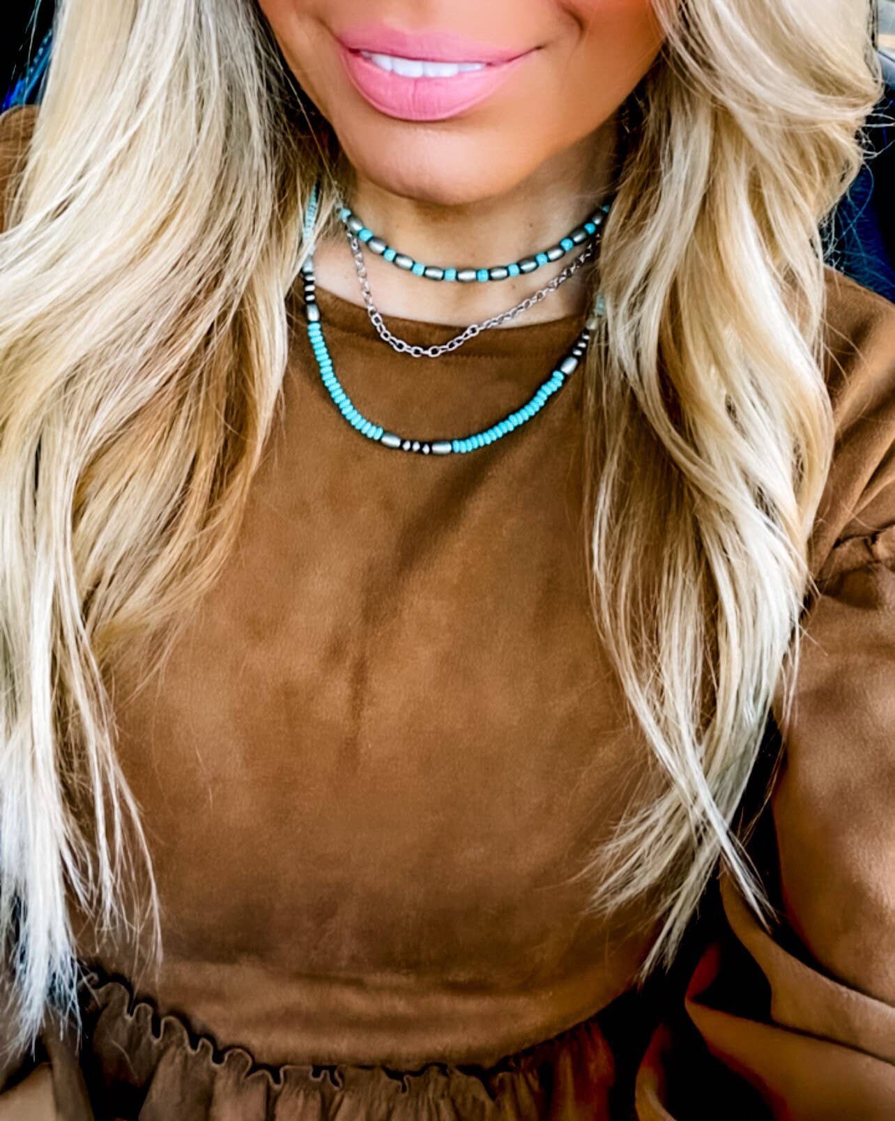Western Semi Stone Layered Navajo Bead Neckace: Turquoise