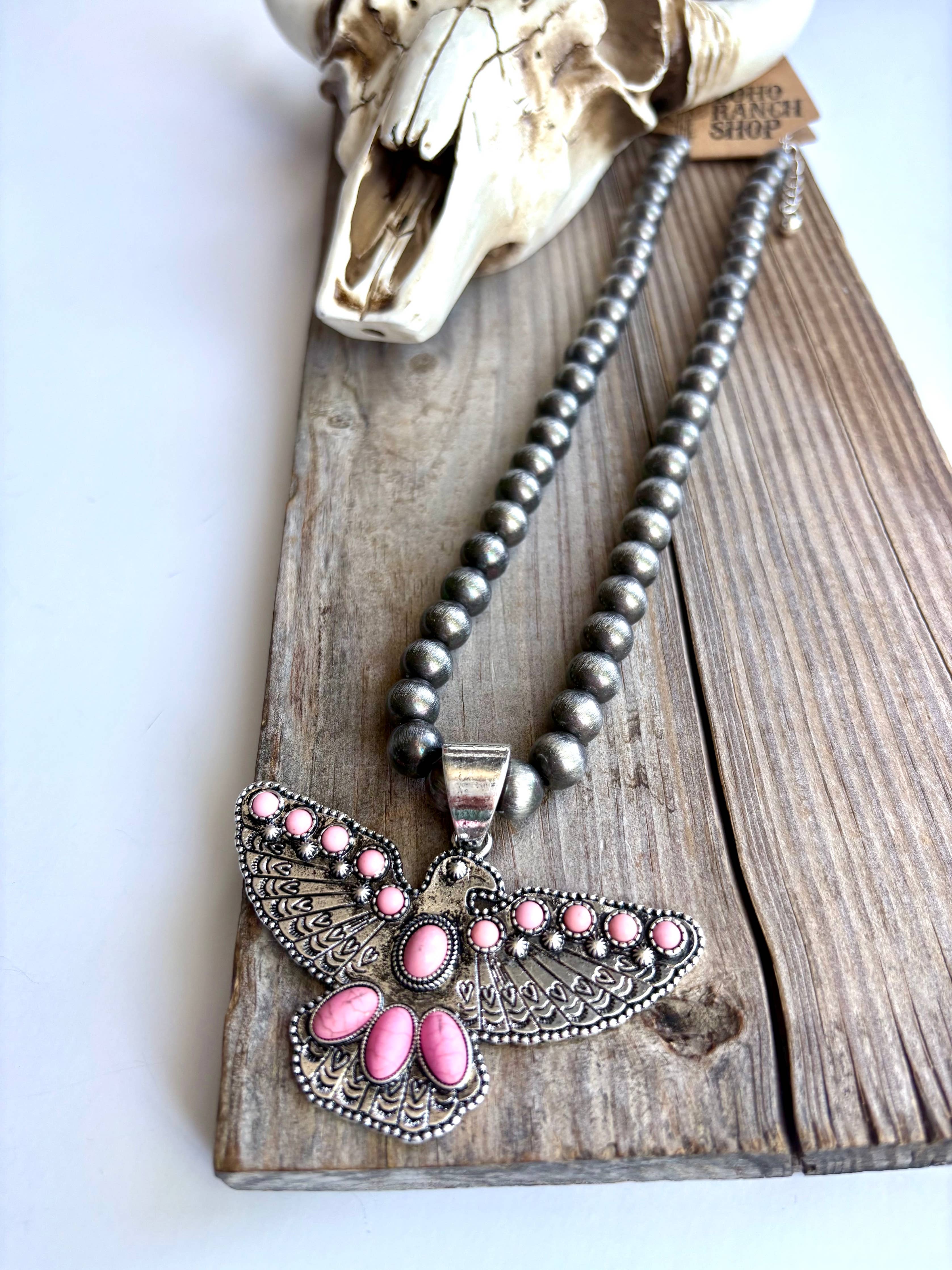 Western Thunderbird Pendant Navajo Style Pearl Bead Necklace: Pink