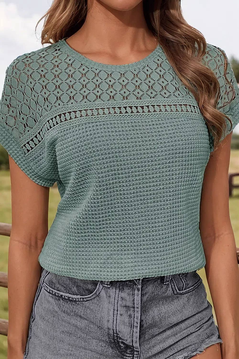 Lace Patchwork Waffle Short Sleeve Top- Green