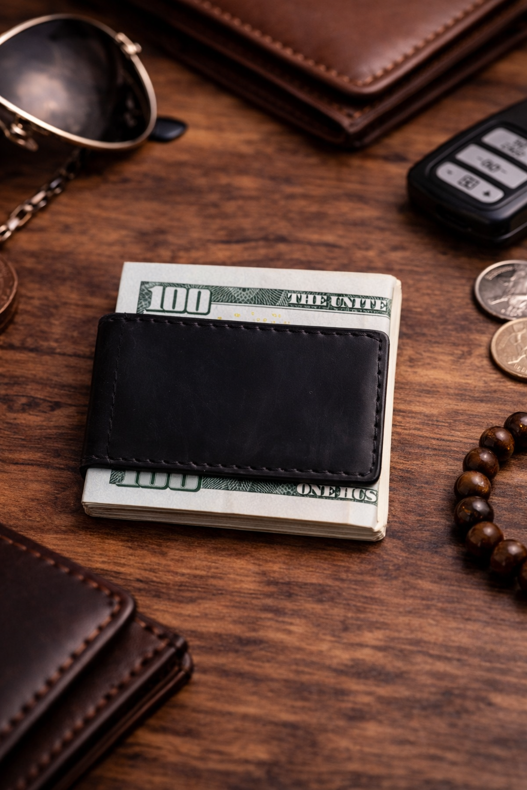 Genuine Full-Grain Leather Money Clip wallet: Black
