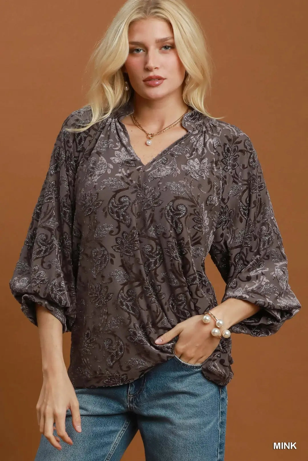 Velvet Floral Blouse-Mink