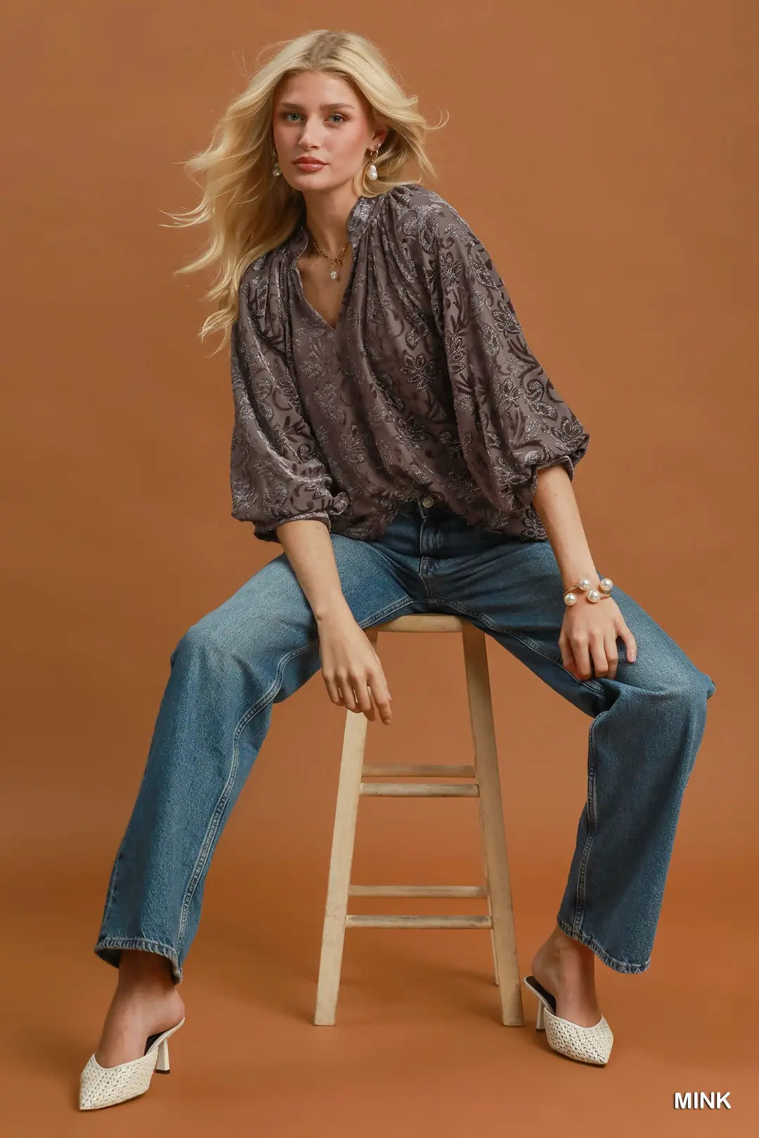 Velvet Floral Blouse-Mink