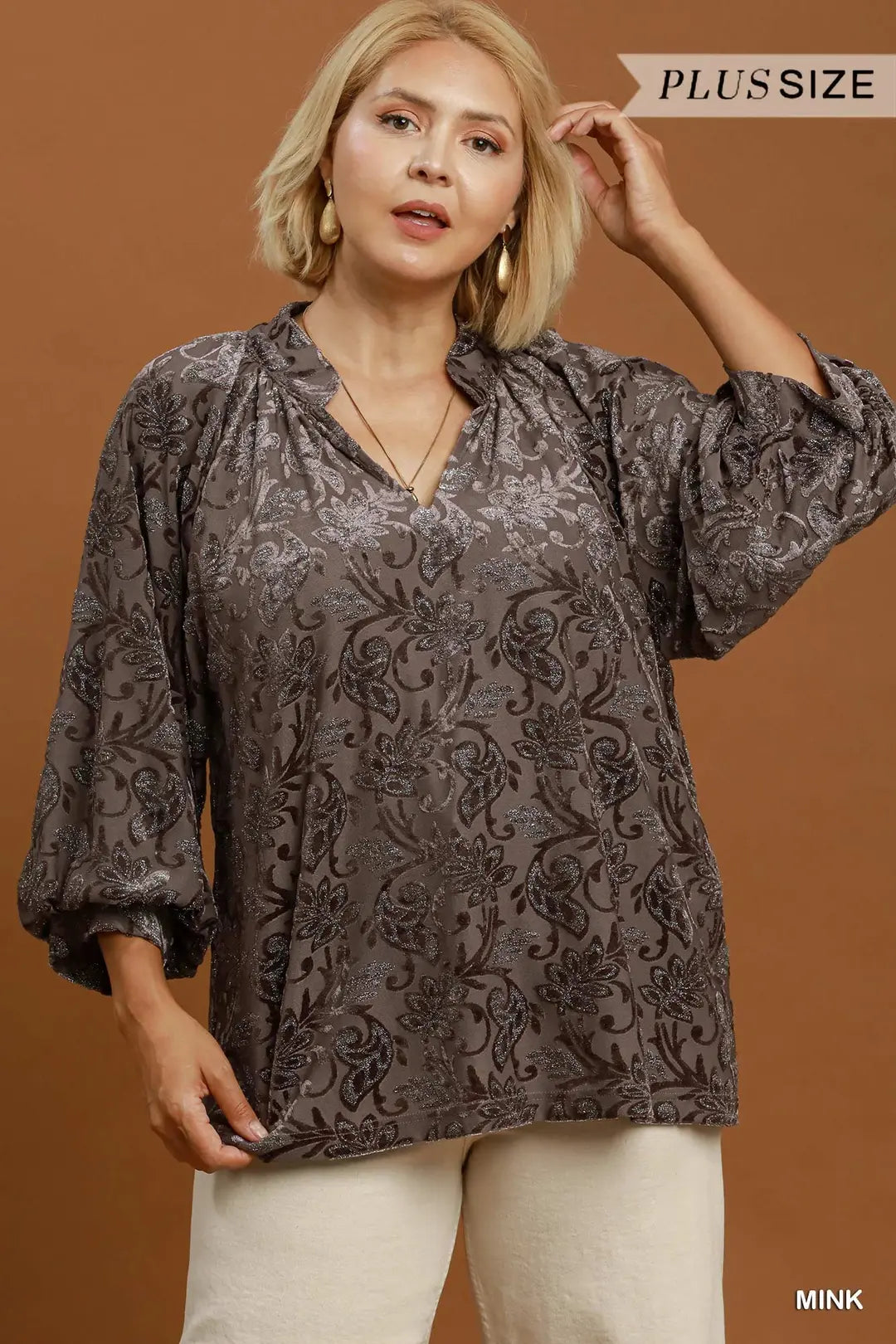 Velvet Floral Blouse-Mink