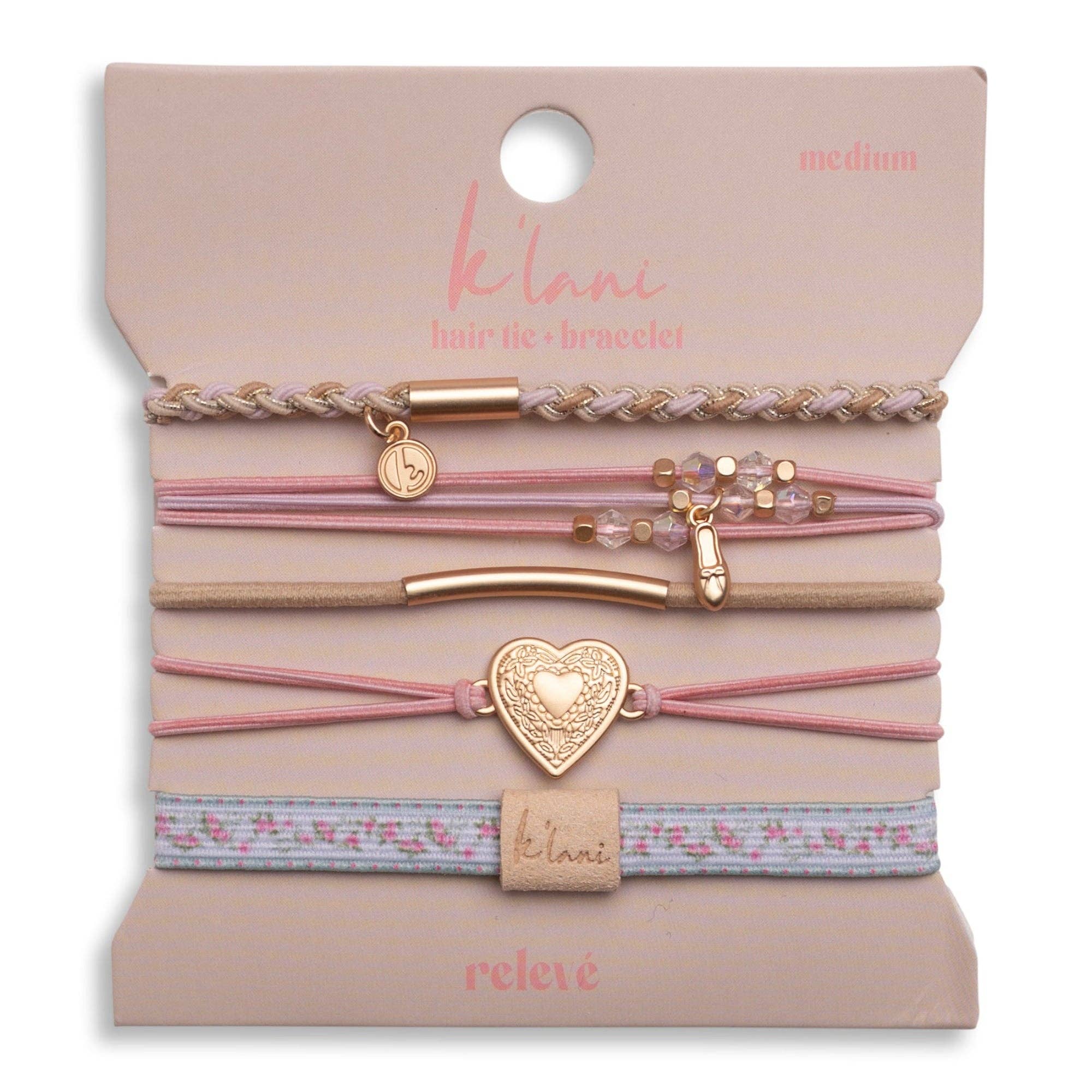 "Relevé" Pink Floral with Ballet Slipper Hair Tie Bracelets: Large