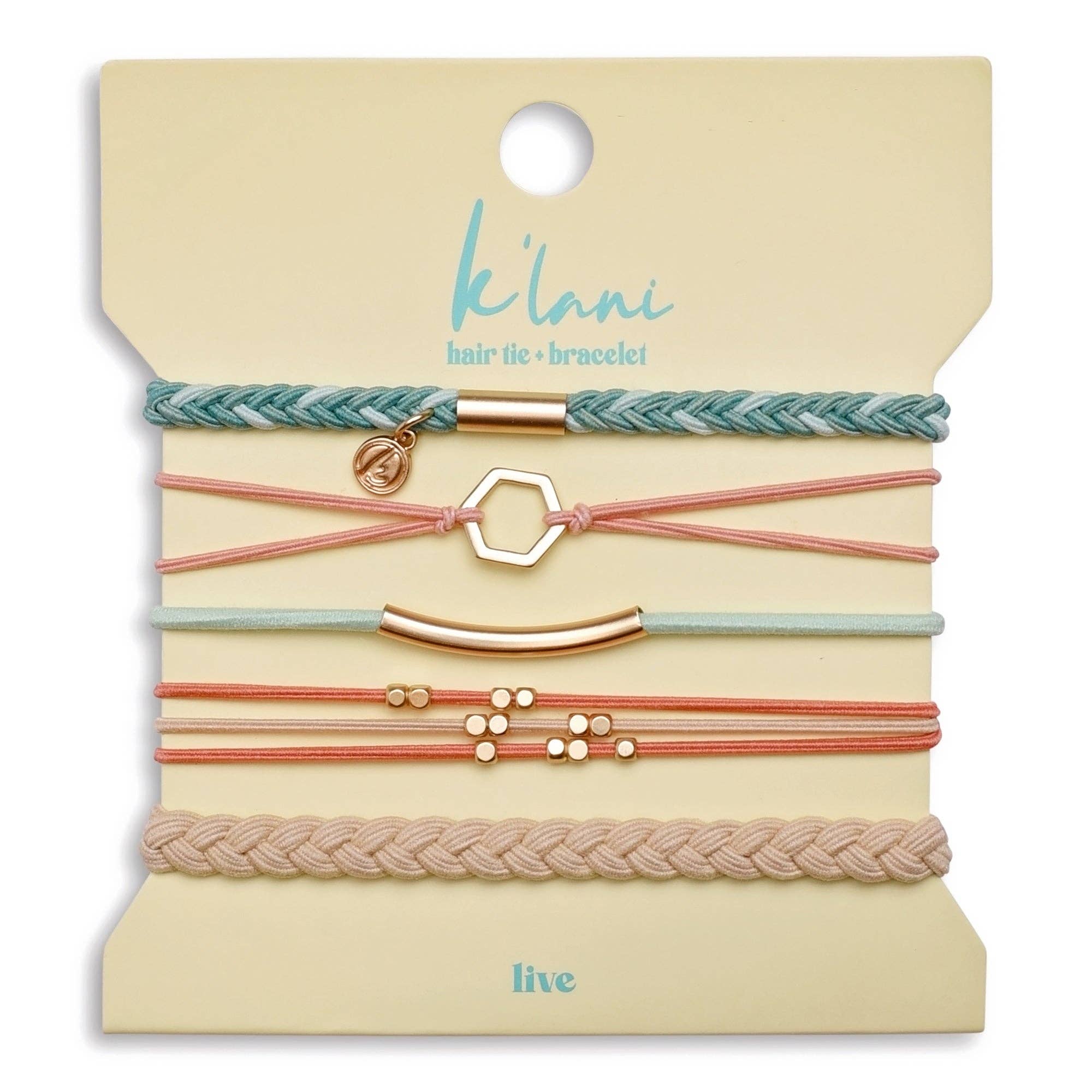 "Live" Teal and Coral with Gold Accent Hair Tie Bracelets: Large