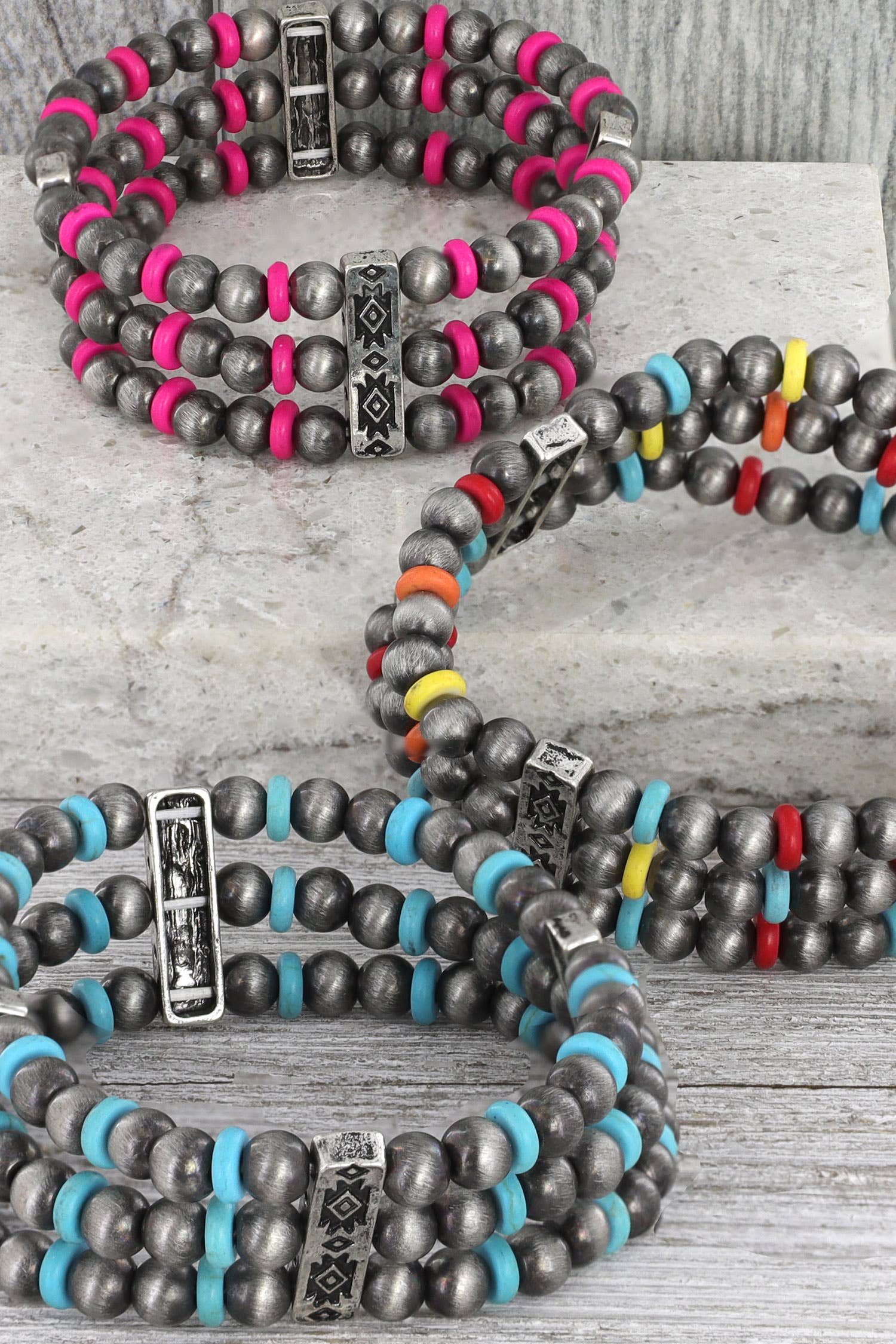 Sophia Collection - 3 Layer Navajo Pearl Mix Beaded Western Bracelet: Multicolor