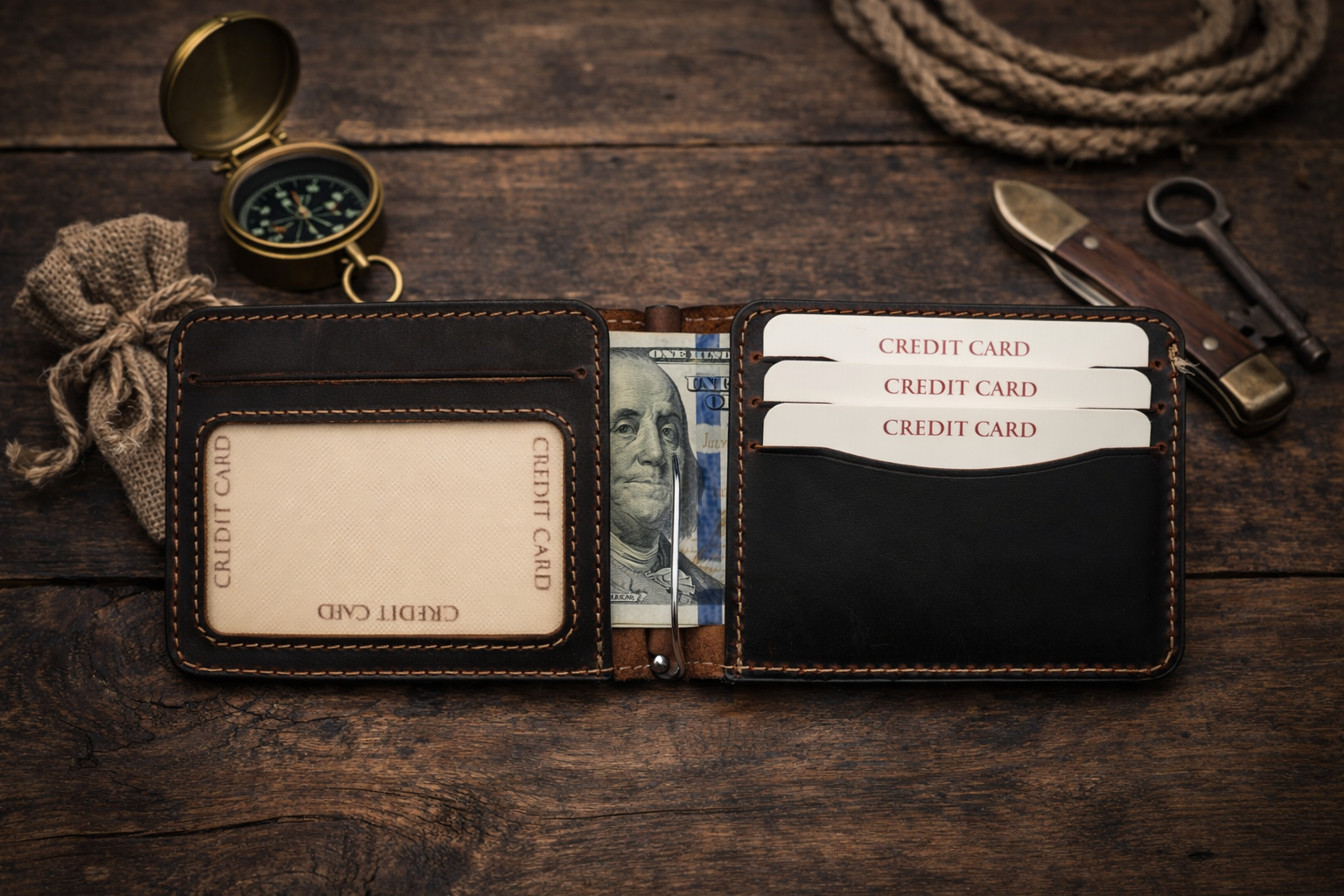 Leather Money Clip Wallet: Dark Brown