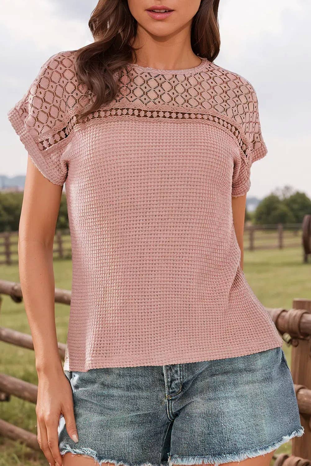 Lace Patchwork Waffle Short Sleeve Top: Pink