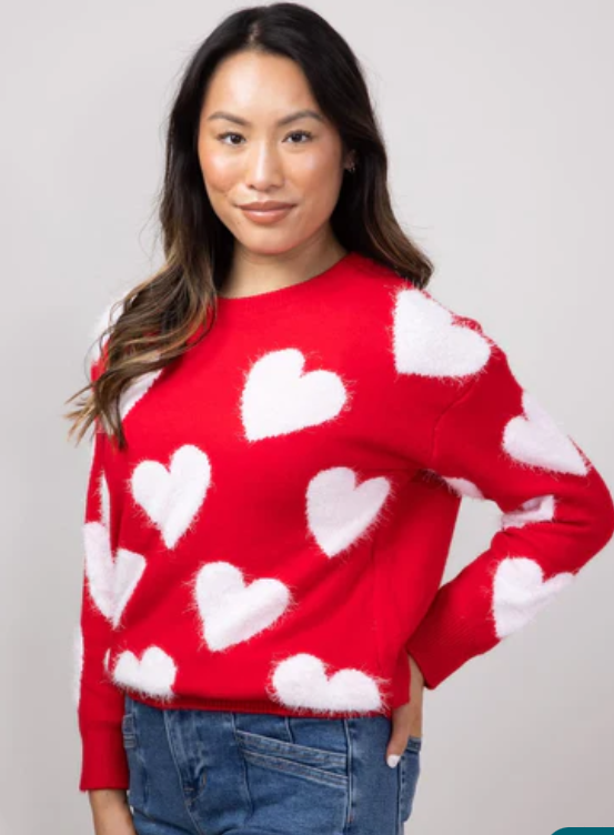 Simply Southern Fuzzy Heart Sweater for Women in Red