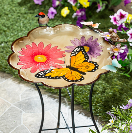 17" Metal Sculpted Edge Bird Bath, Bright Butterfly & Flowers