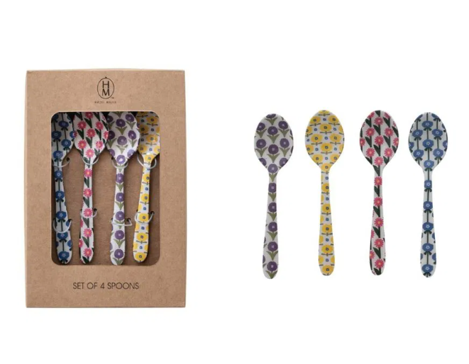 Hazel Mazel 5.25" Enameled Stainless Steel Spoons (Set of 4) | Flower Pattern