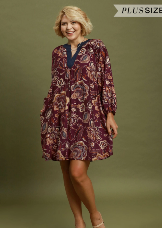 Floral Paisley Split Neck Mini Dress