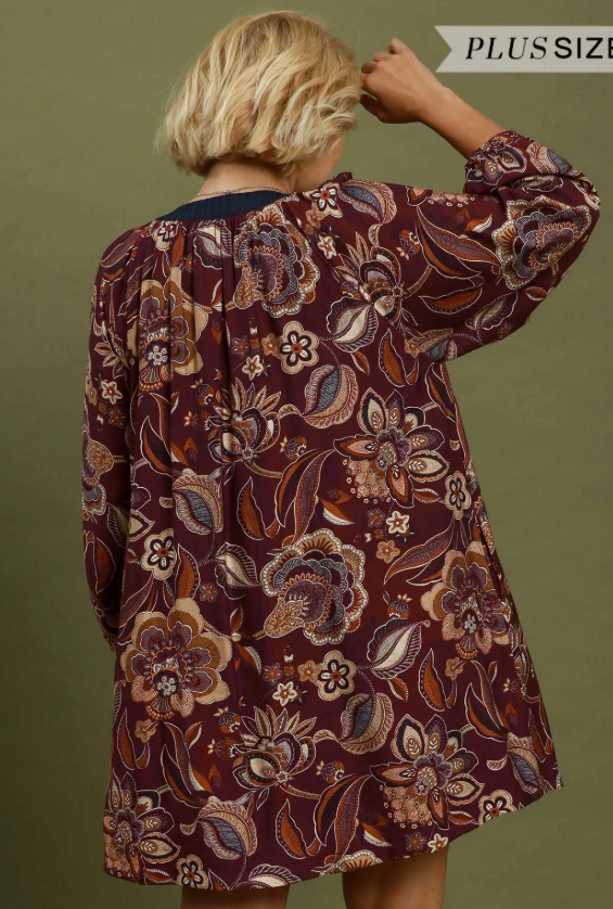Floral Paisley Split Neck Mini Dress