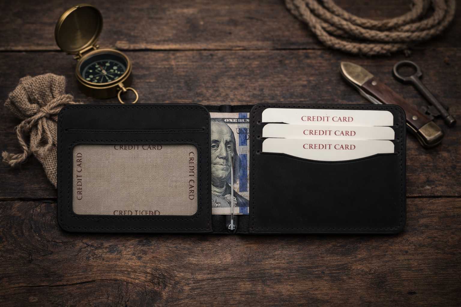 Leather Money Clip Wallet: Black