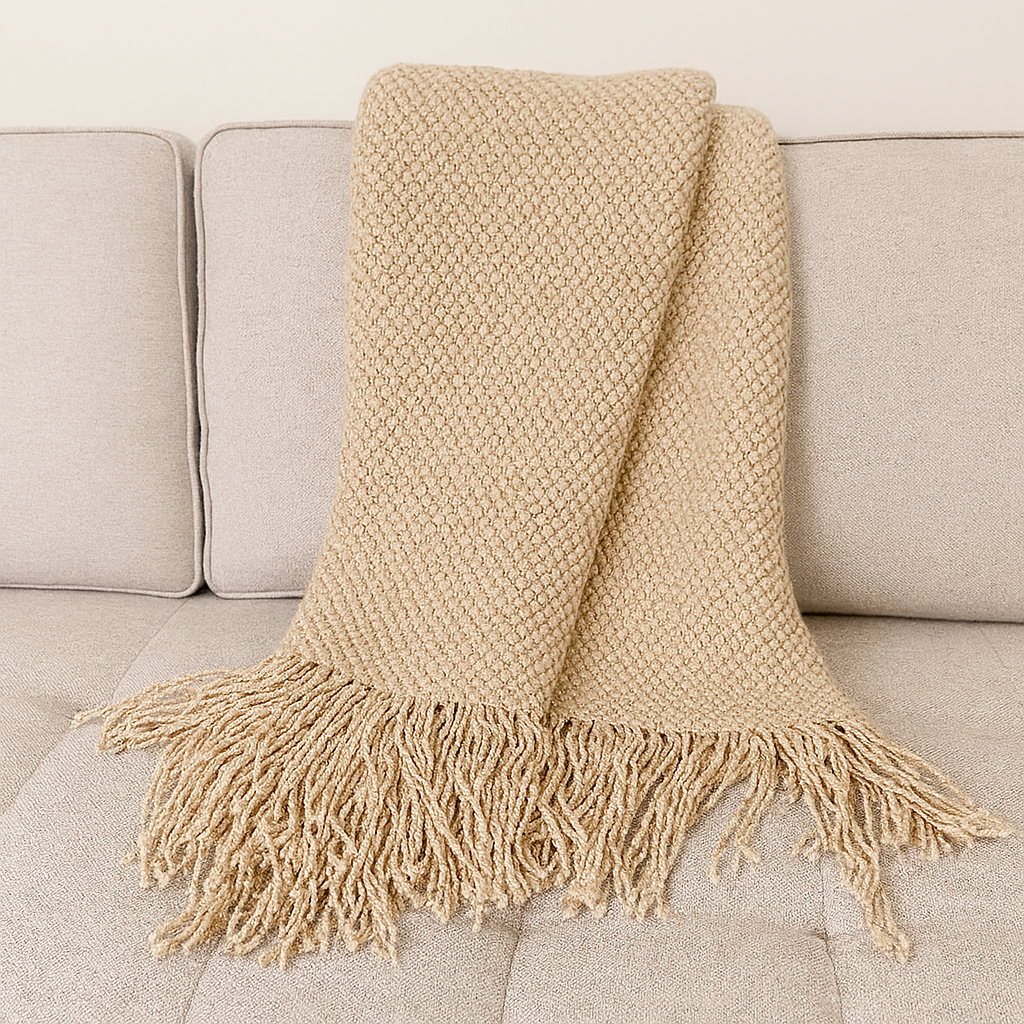 Knit Textured 50"x60" Throw Blanket with Fringe: Khaki