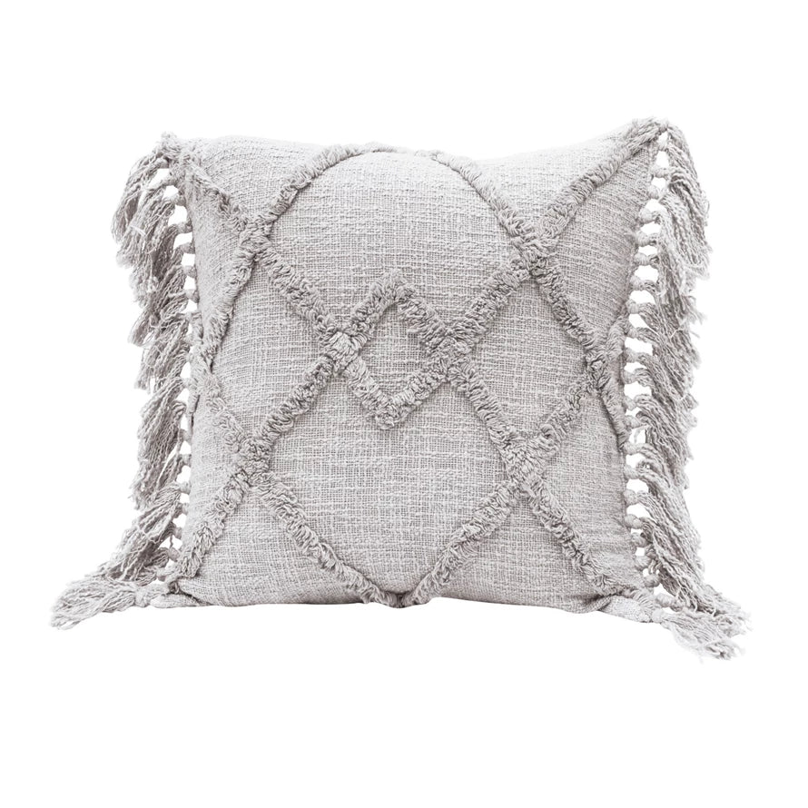 20" Cotton Blend Pillow w/ Tufted Pattern & Fringe, Polyester Fill
