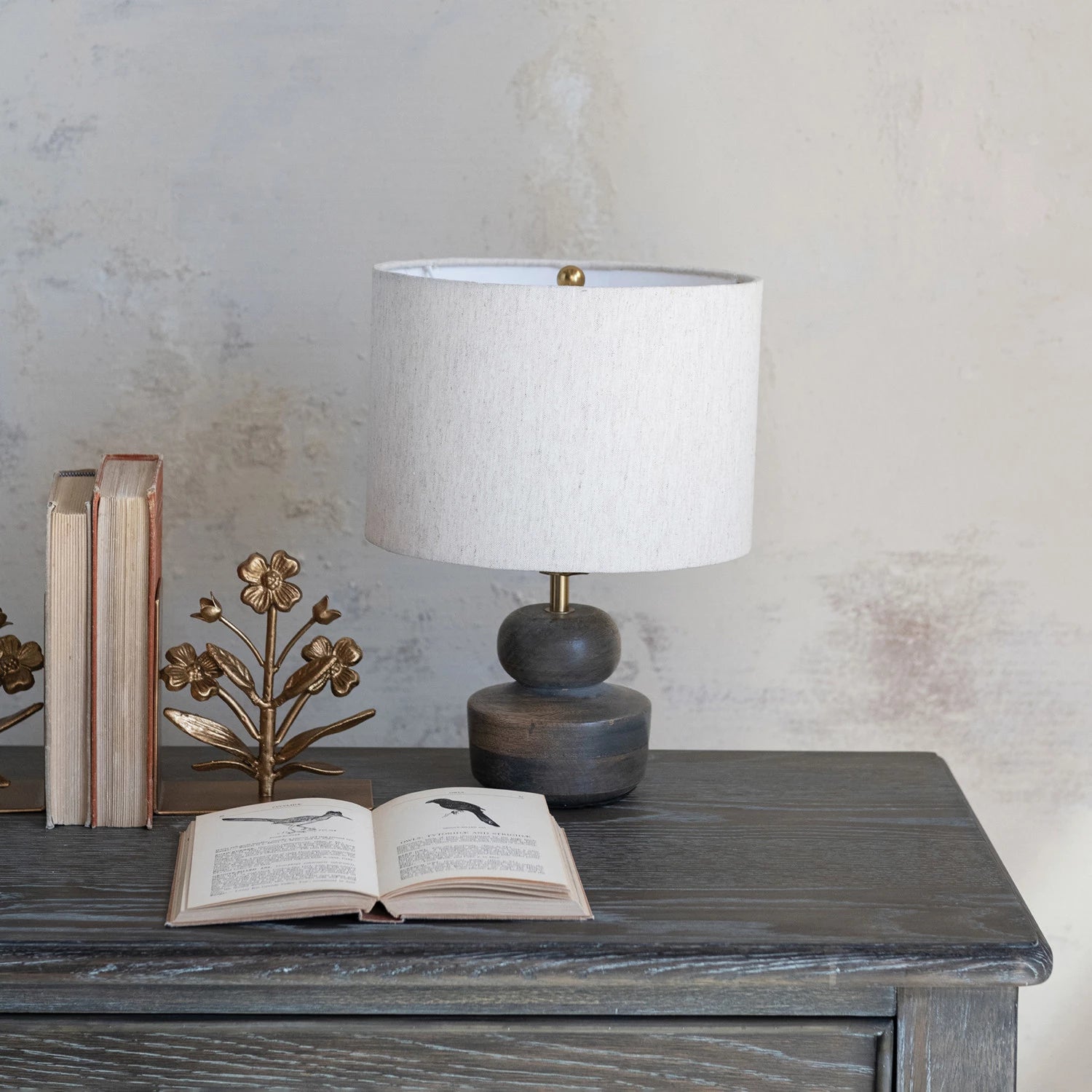 Mango Wood Table Lamp with Cotton Shade, Brass Finish & Grey Washed