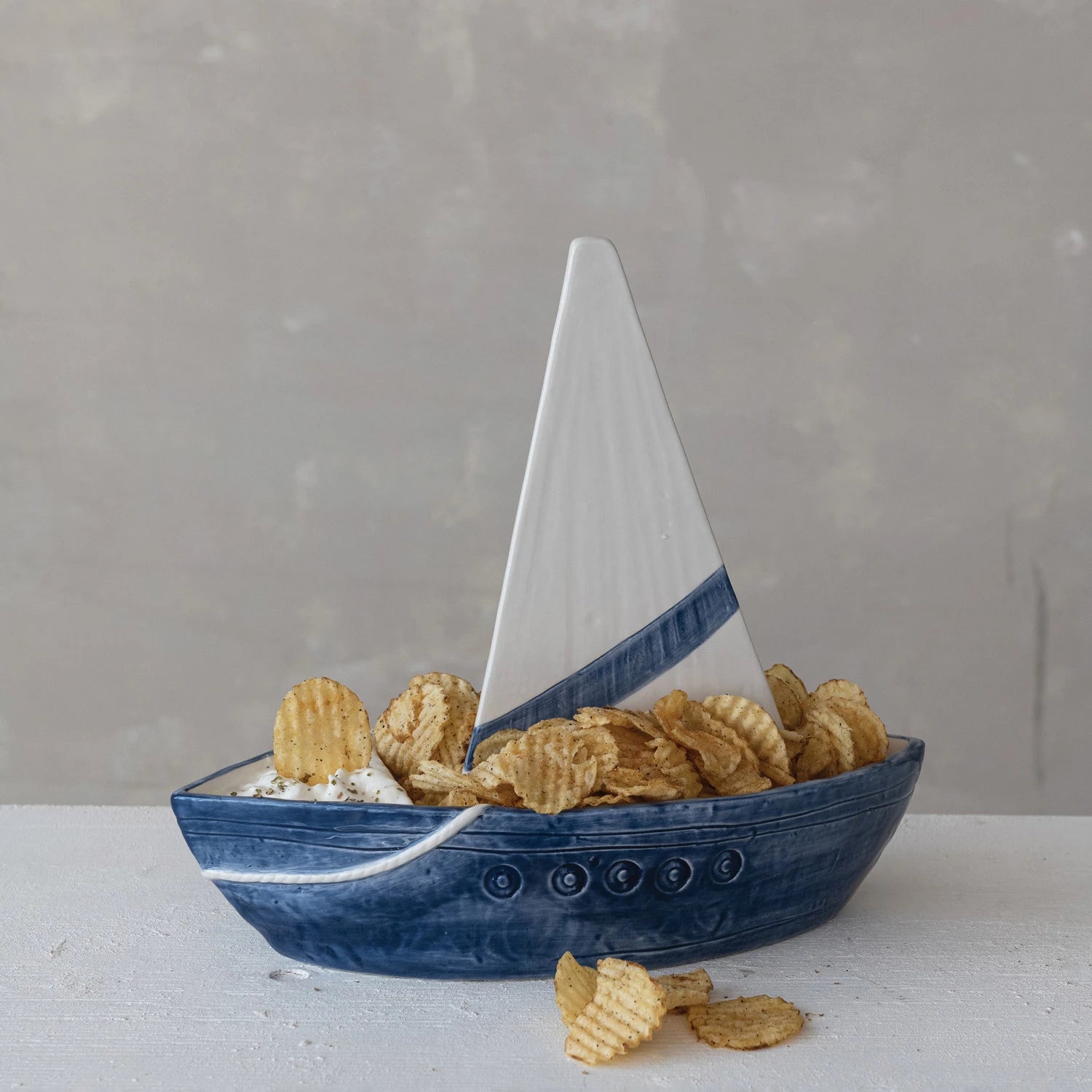 Stoneware Sailboat Shaped Chip & Dip with Removable Sail