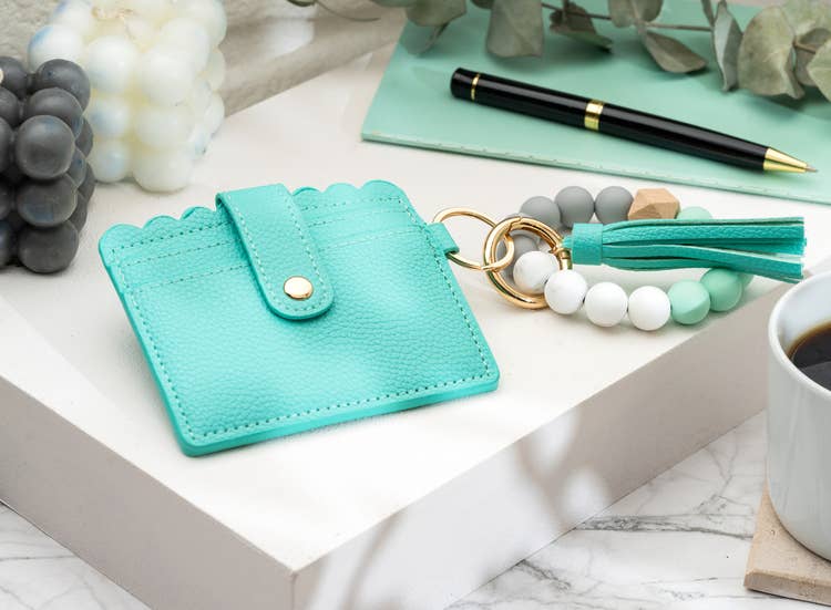 Leather Keychain Wallet With Wristlet Bangle Bracelet: Teal