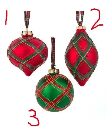 70-80MM Glass Red & Green Plaid Ball, Onion & Finial Ornaments, 3 Assorted