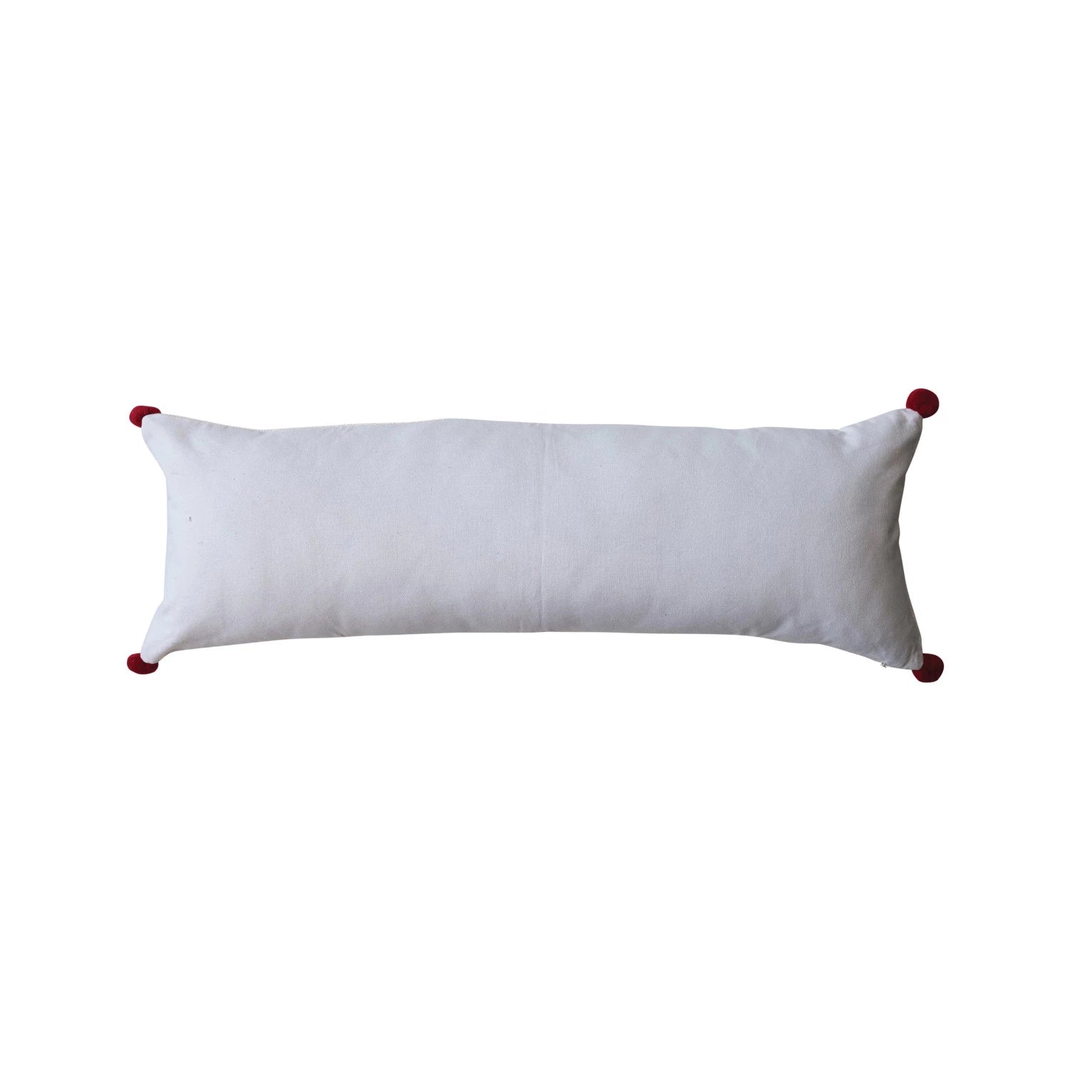 36"L x 12"H Woven Cotton Lumbar Pillow w/ Appliqued "Merry" & Pom Poms, Red & White