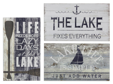 WOOD LAKE BOX SIGNS, 3 ASSORTED.