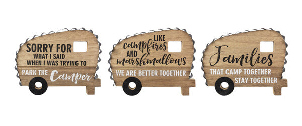 WOOD CAMPER WITH WAFFLE TIN ROOF TABLETOP SIGN, 3 ASSORTED