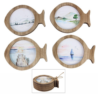 WOOD FISH SHAPE COASTER WITH WATERCOLOR ART, 4 PCS/SET