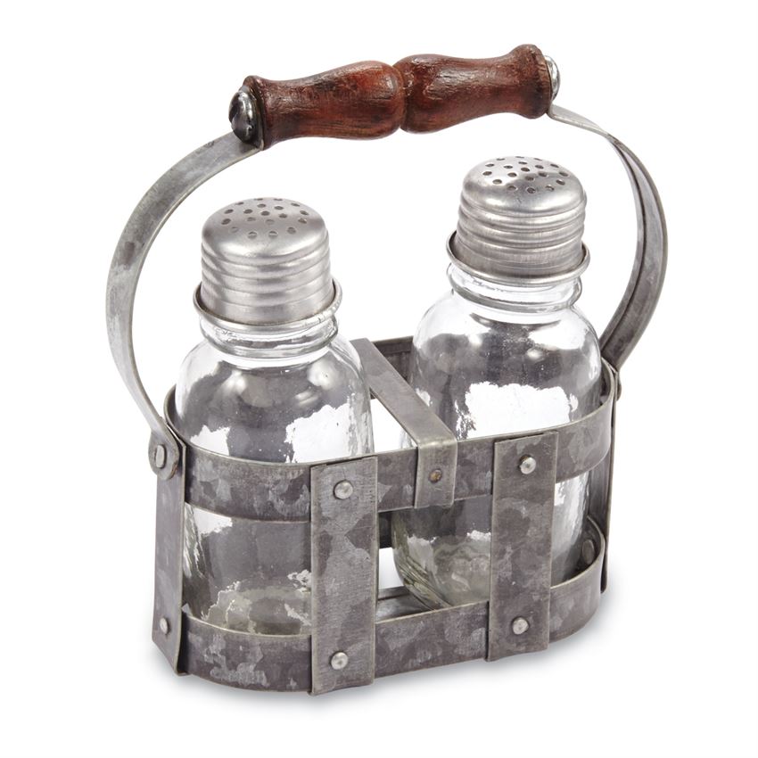 TIN STRAPPING SALT & PEPPER CADDY SET