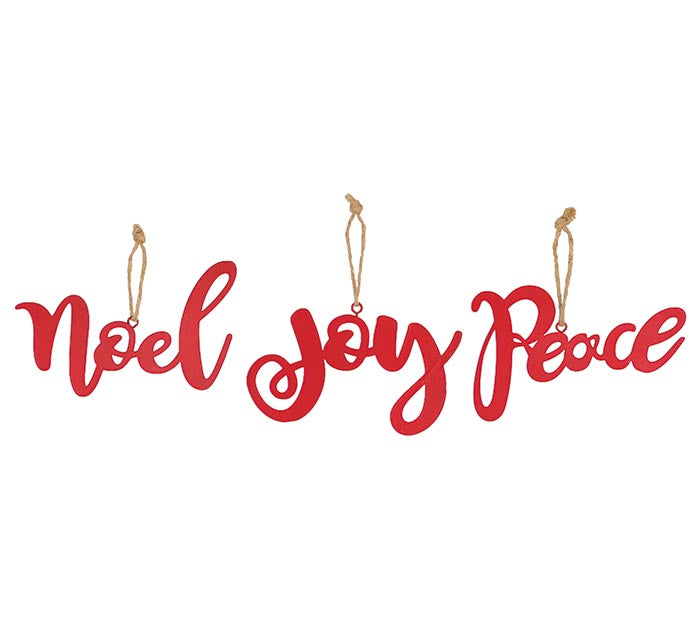 PEACE JOY NOEL TIN ORNAMENTS IN RED