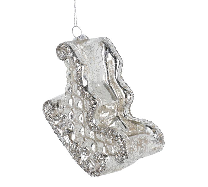 SILVER HAND BLOWN GLASS SLEIGH ORNAMENT