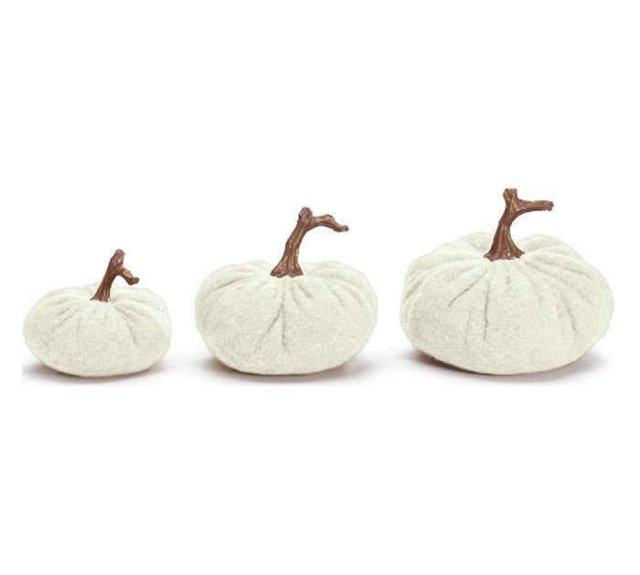 SOFT CREAM WOOL PUMPKINS WITH STEMS