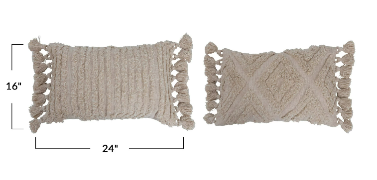 Woven Cotton Slub Lumbar Pillow w/ Tufted Design & Tassels, 2 Styles, Polyester Fill