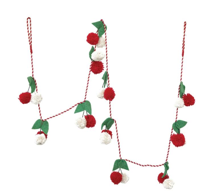 72"L Wool Felt Berry Garland with Pom Poms, Red, Green and Cream Color
