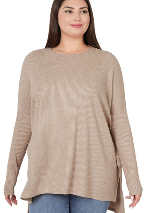 ROUND NECK HEATHER RIBBED SWEATER-ASH MOCHA