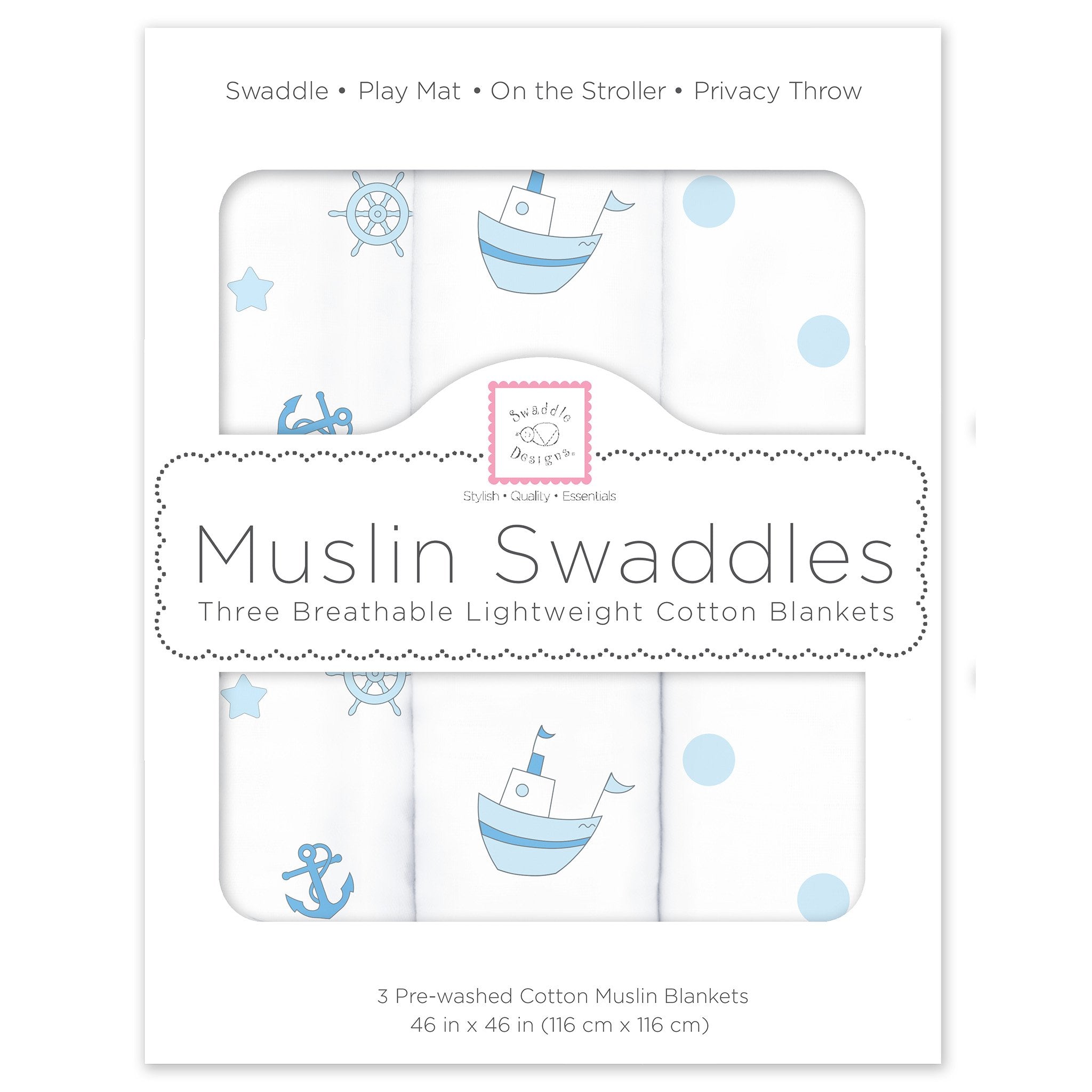 Muslin Swaddle Blankets - Little Ships (Set of 3), Pastel Blue, Nautical