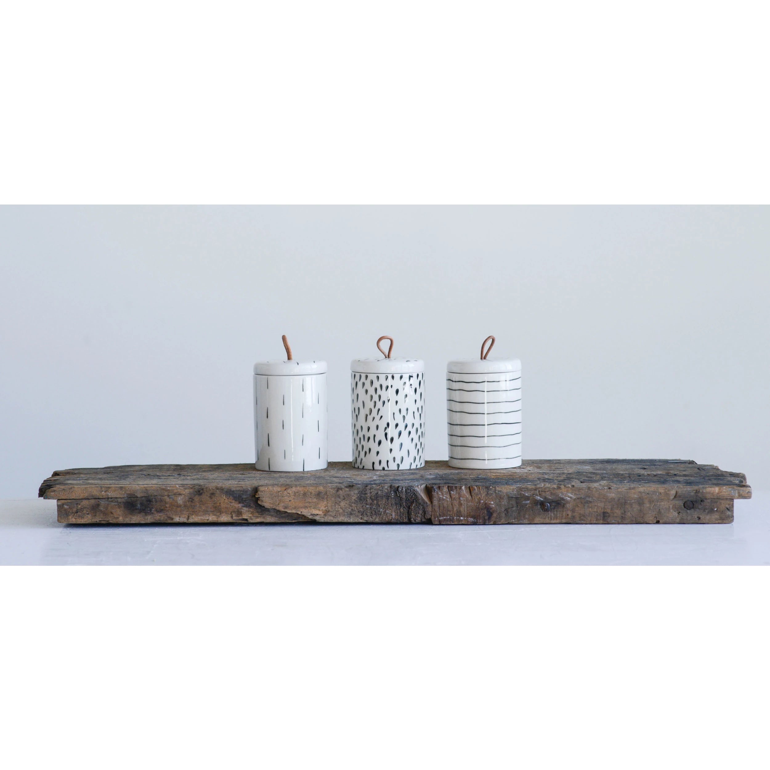 Container with Lid and Leather Pull, 3 Styles