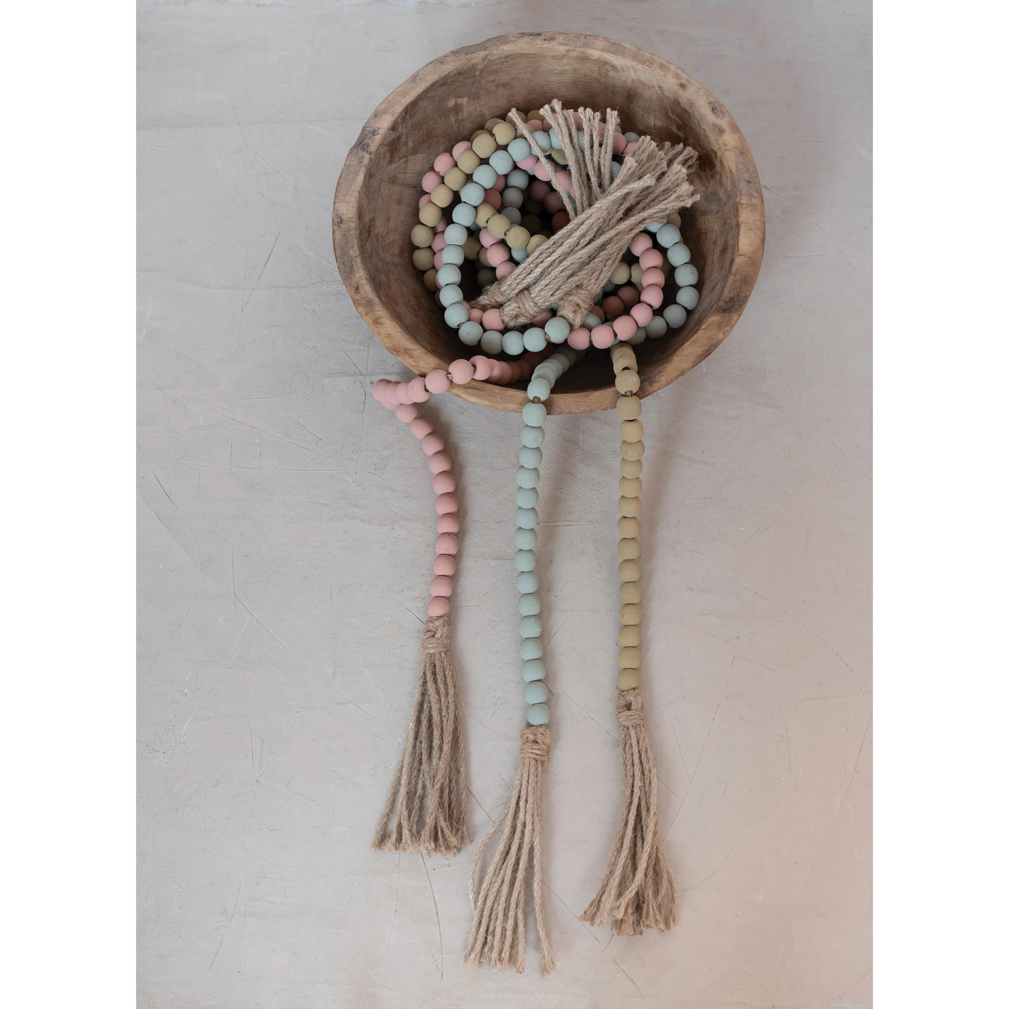 Paulownia Wood Bead with Jute Tassels, 3 Colors