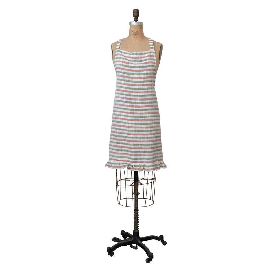 32"L x 28"W Woven Cotton Striped Apron with Ruffle, Multi Color