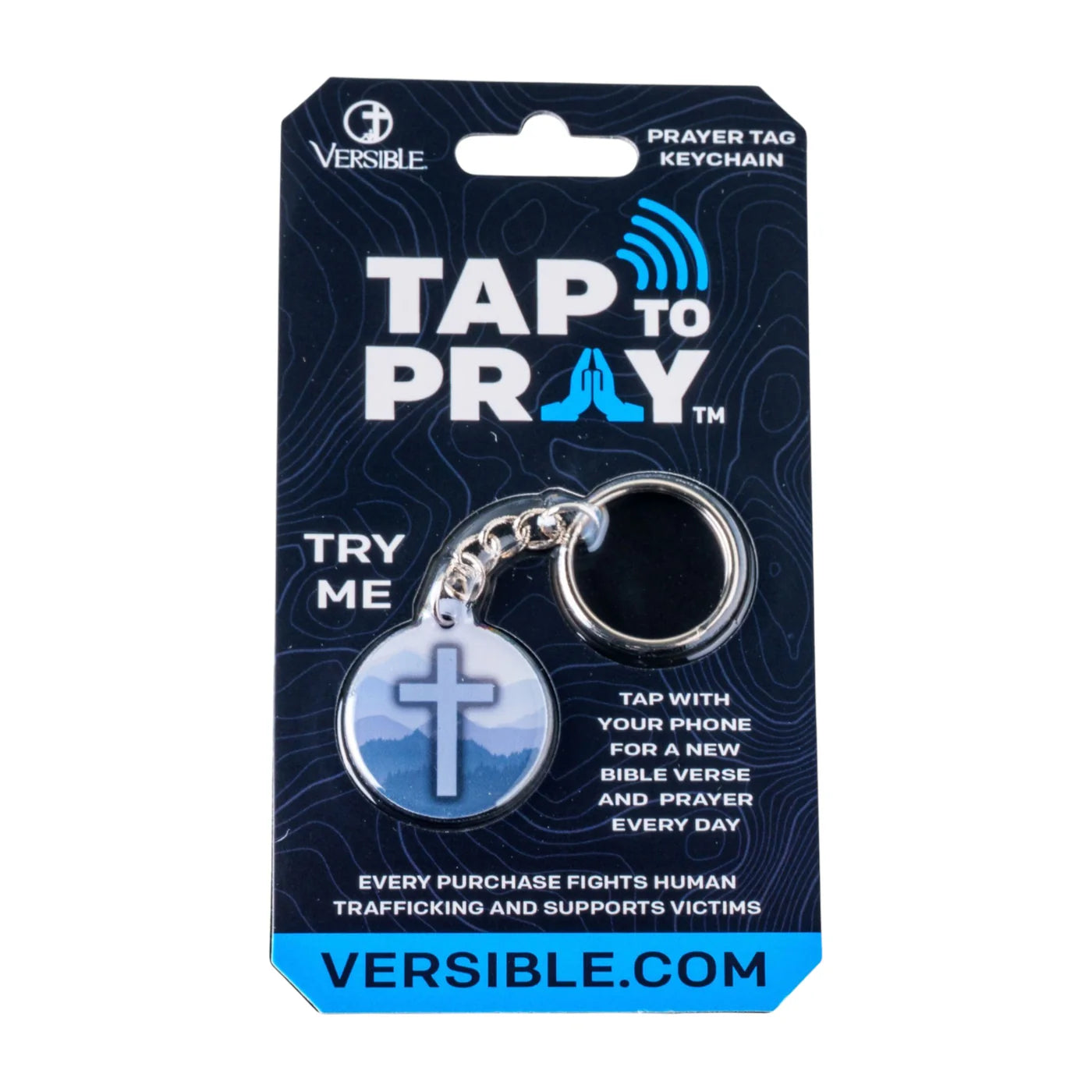 Tap To Pray® Acrylic Keychain-Blue Mountains + Cross