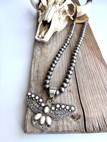 Western Thunderbird Pendant Navajo Style Pearl Bead Necklace: White