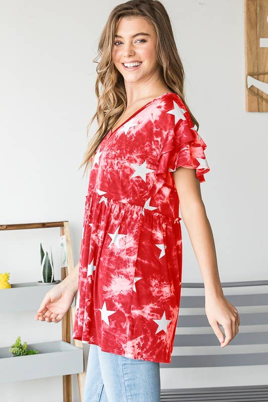 TIE DYE TOP RUFFLED: RED STAR