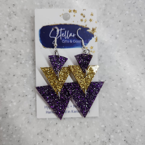 Triple Triangle Drops-Purple and Gold Glitter