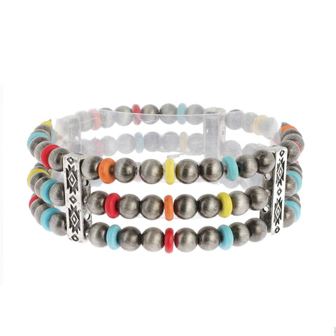 Sophia Collection - 3 Layer Navajo Pearl Mix Beaded Western Bracelet: Multicolor
