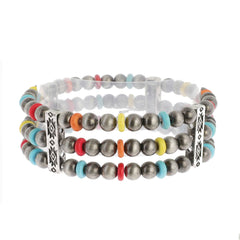 Sophia Collection - 3 Layer Navajo Pearl Mix Beaded Western Bracelet: Multicolor